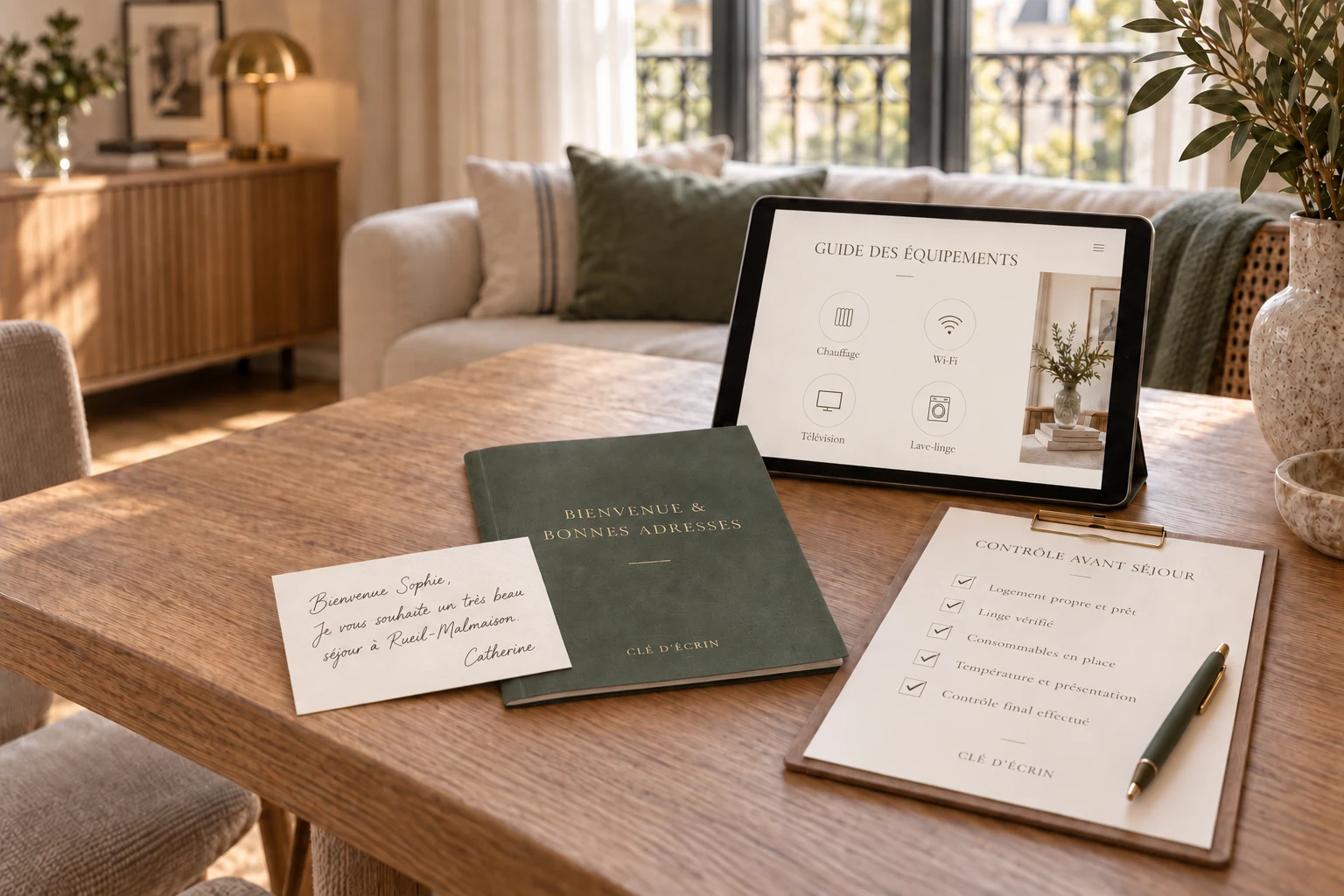 Carte personnalisée, carnet de bonnes adresses, guide numérique des équipements et liste de contrôle disposés sur une table dans un appartement
